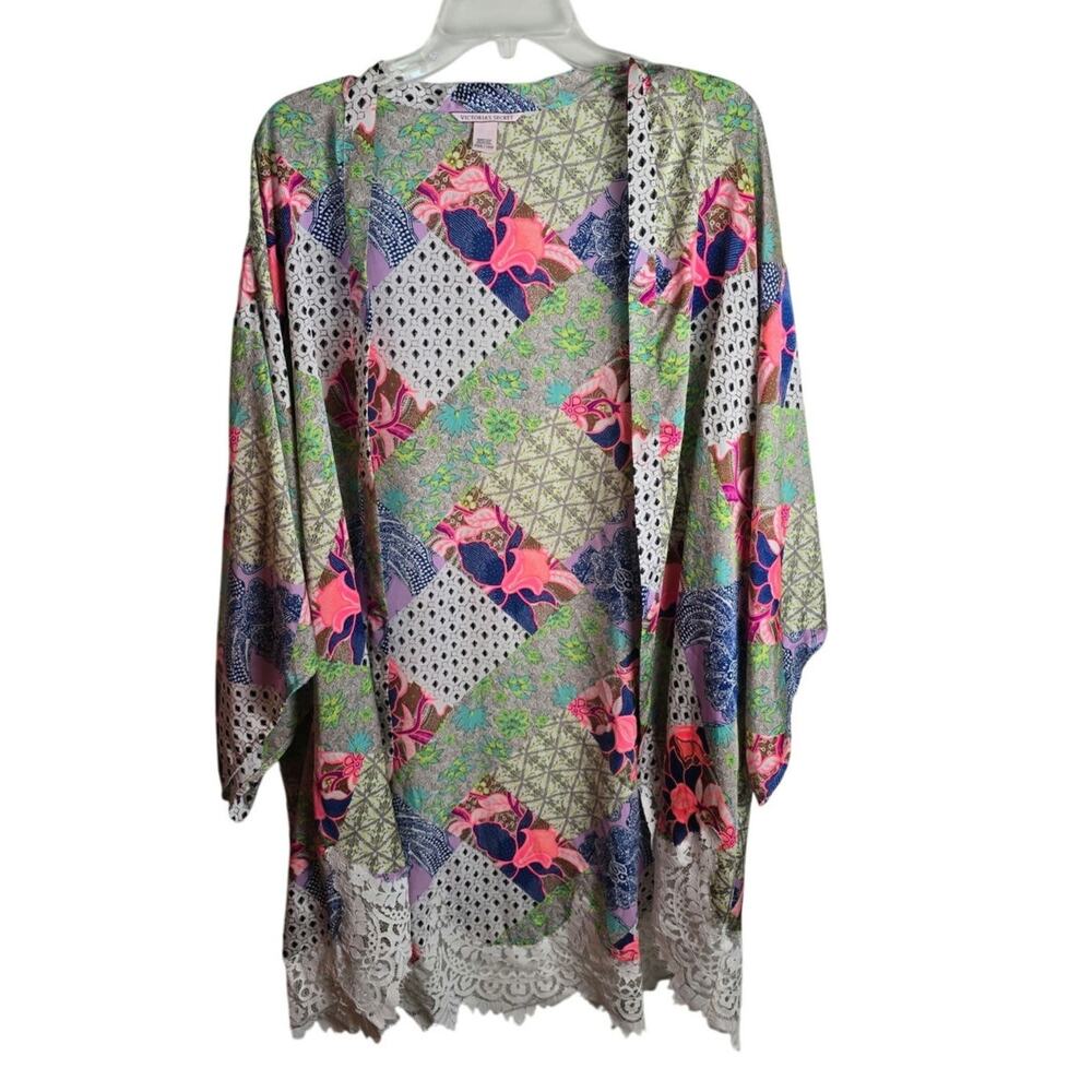 Victoria’s Secret Bali Patchwork Floral Print Lace Hem Open Robe Kimono XS/S